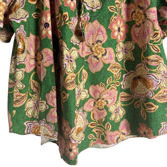 MISA Suparna Green Floral Print Cap Sleeve Tie Neck Peasant Blouse Size Large - Picture 8 of 14